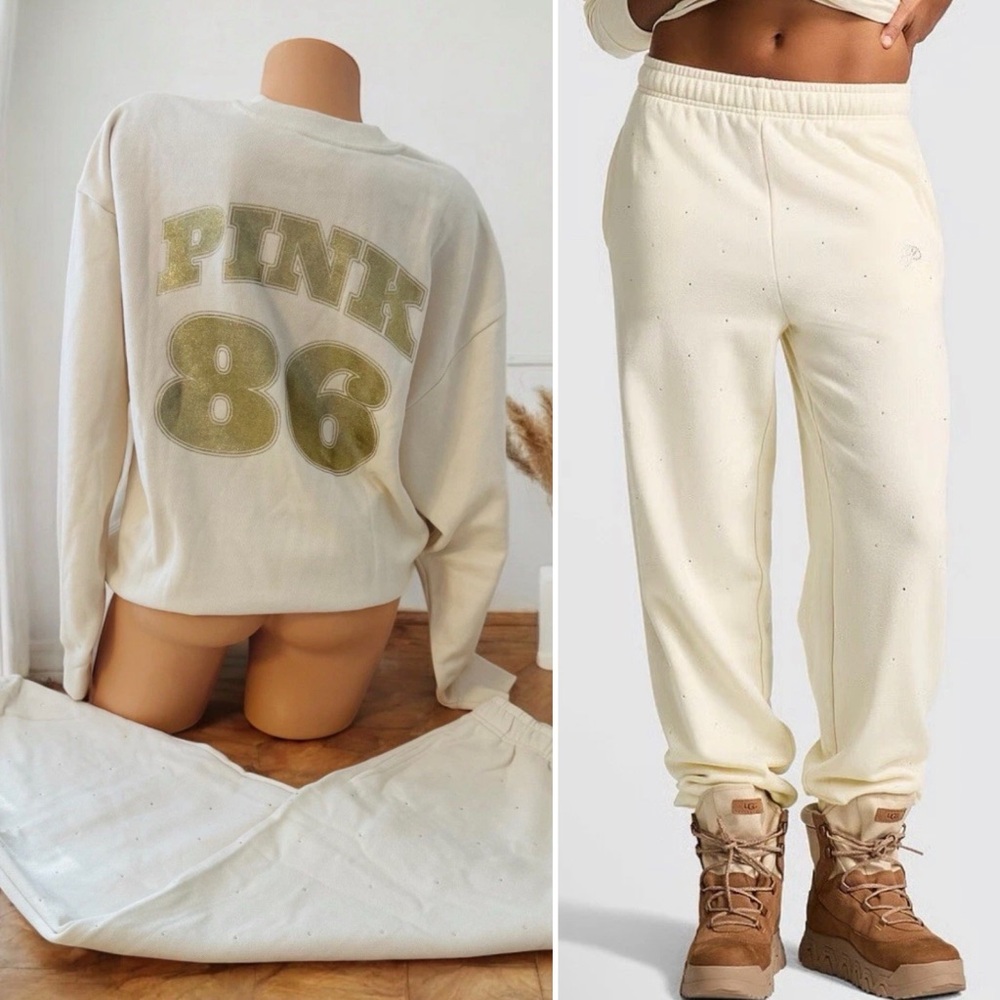 PINK Victorias Secret Ivy Fleece Campus Sweatshirt & Bling Sweatpants Cream M